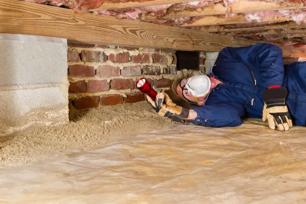 A person in protective gear inspects a crawl space, lying on the ground with a flashlight. The setting is dim, with brick and wood beams visible.