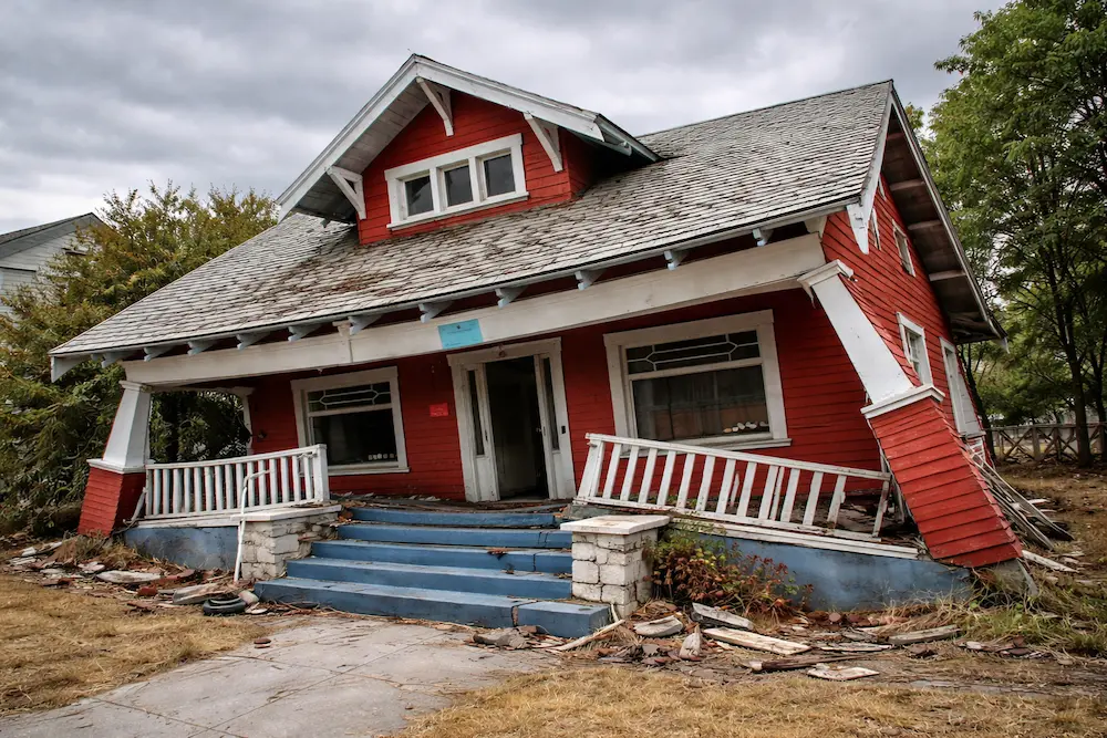 A red, dilapidated house with a collapsed porch and crooked windows, surrounded by overgrown grass and trees, under a cloudy sky, conveying neglect.
